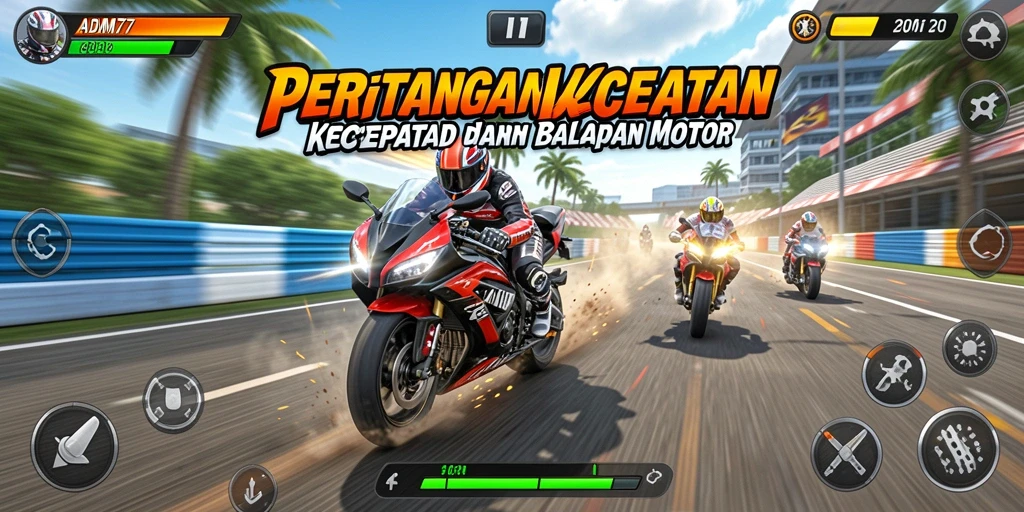Gameplay ADAM77 menampilkan balapan motor yang mendebarkan di lintasan.