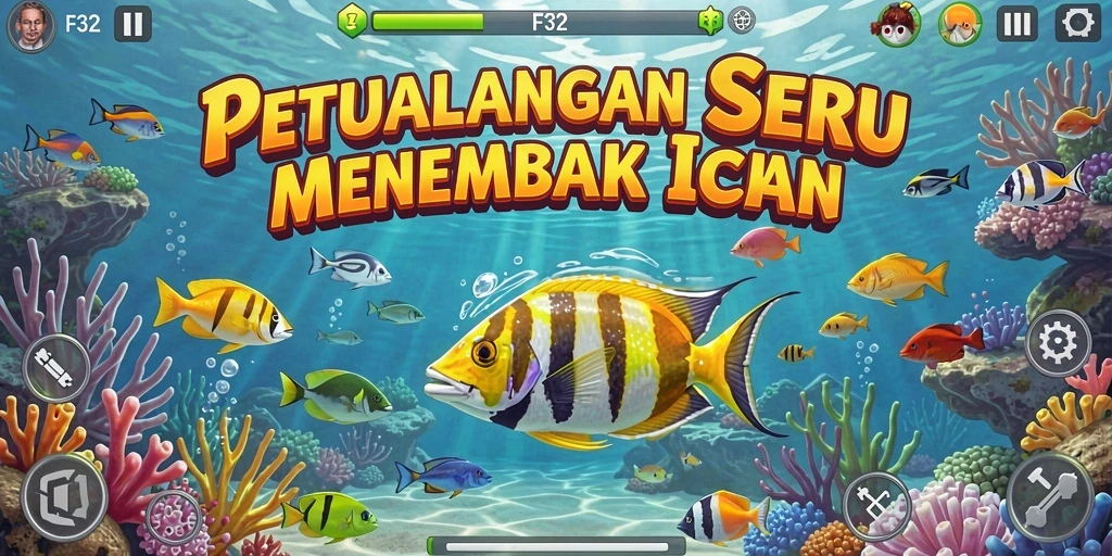 Screenshot gameplay F32 menampilkan aksi menembak ikan yang seru.