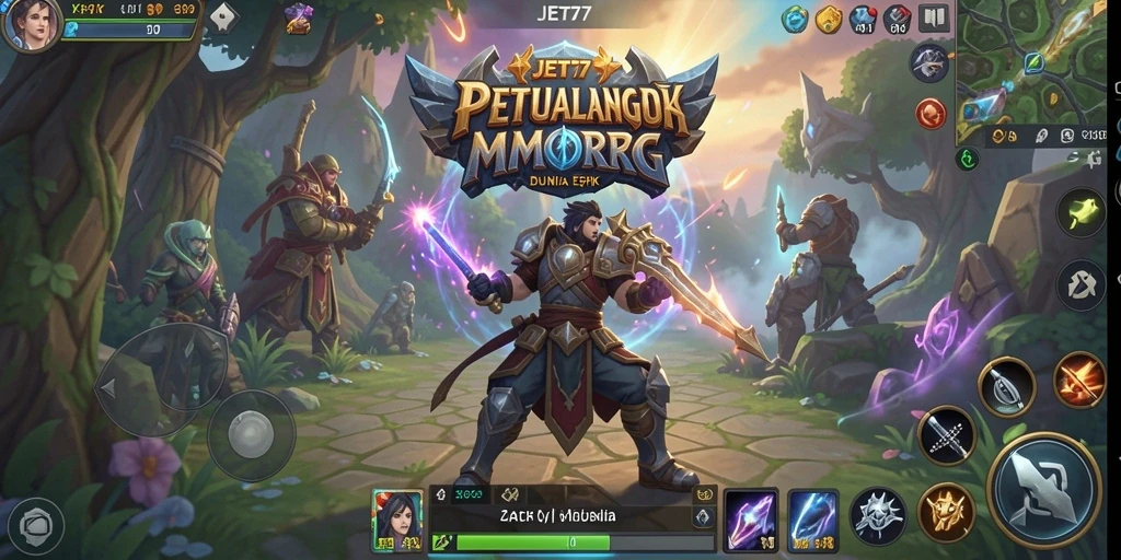 Screenshot utama JET77 menampilkan pertarungan epik dalam dunia MMORPG yang menawan.