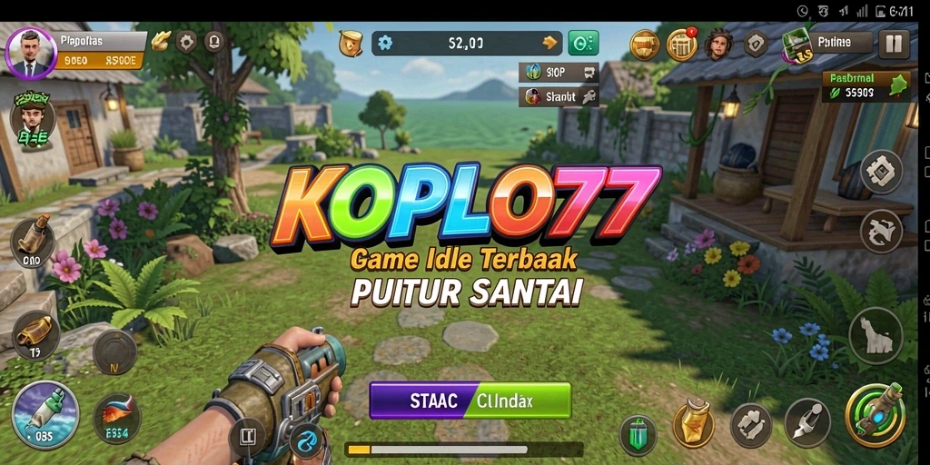 Screenshot gameplay KOPLO77 dengan karakter yang aktif mengumpulkan sumber daya.