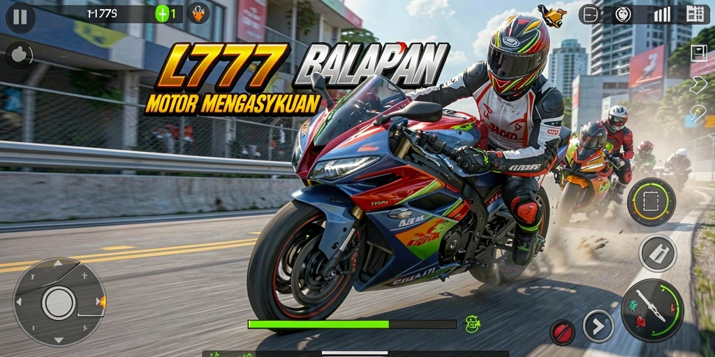 Screenshot gameplay L777 menampilkan balapan motor yang mendebarkan.