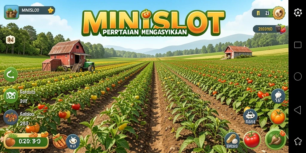 Tampilan gameplay MINISLOT dengan aktivitas bertani yang menarik.