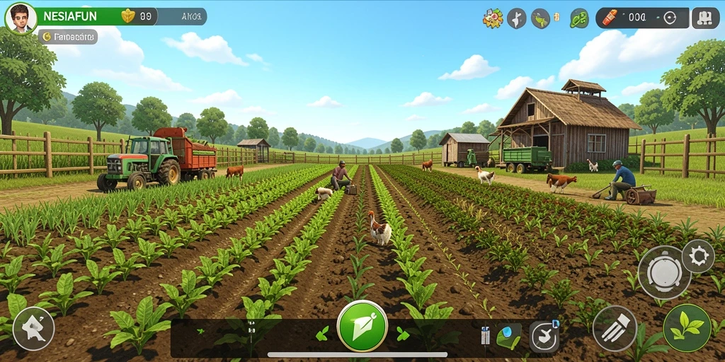 Tampilan screenshot gameplay NESIAFUN menampilkan ladang pertanian yang luas dan hewan ternak.