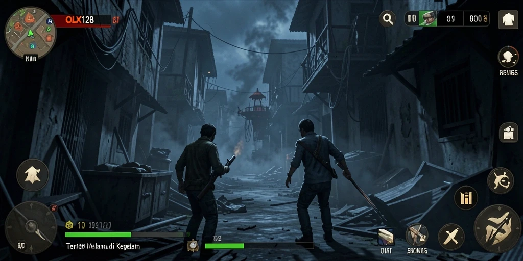 Screenshot gameplay OLX128 menampilkan suasana horor yang menakutkan.