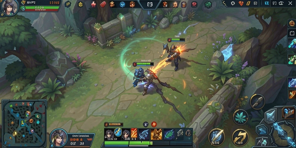 Screenshot RVIP2 menampilkan pertempuran seru antar tim di arena MOBA.
