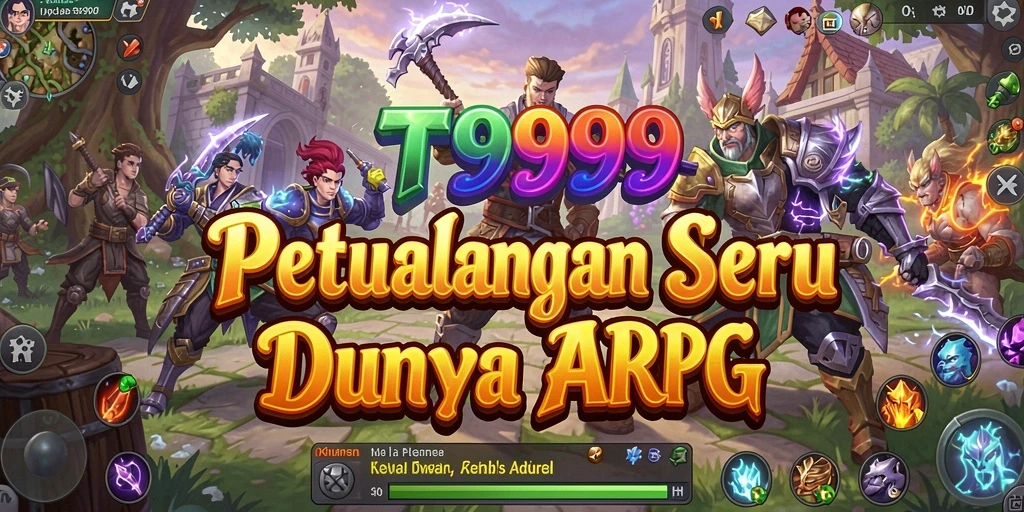 Screenshot utama T9999 menunjukkan aksi heroik dalam gameplay ARPG.
