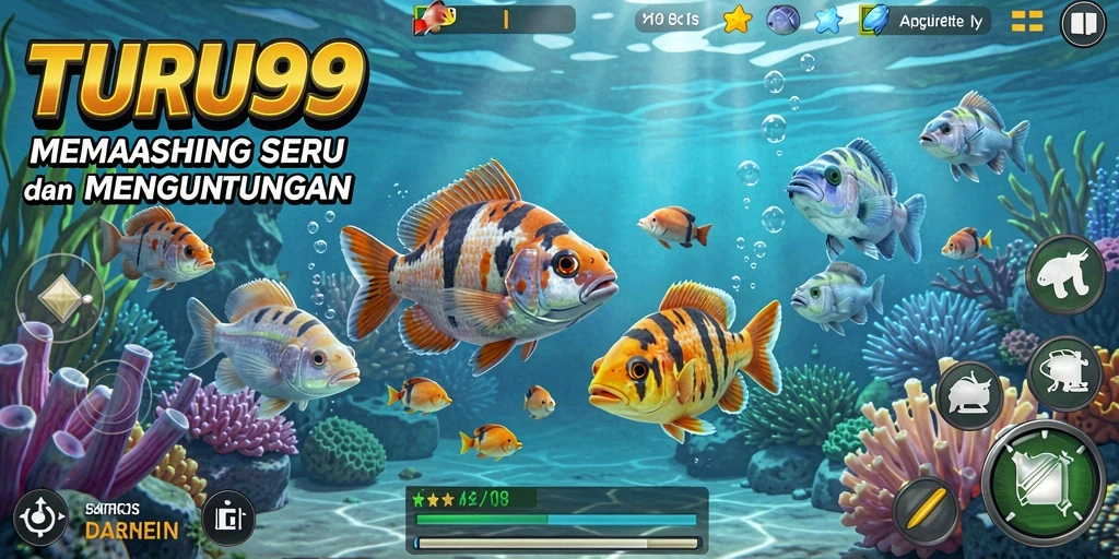 Tampilan gameplay TURU99 yang menampilkan berbagai ikan menarik di laut.