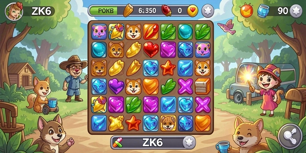 Tangkapan layar ZK6 menampilkan berbagai elemen colorful dalam gameplay Match-3.